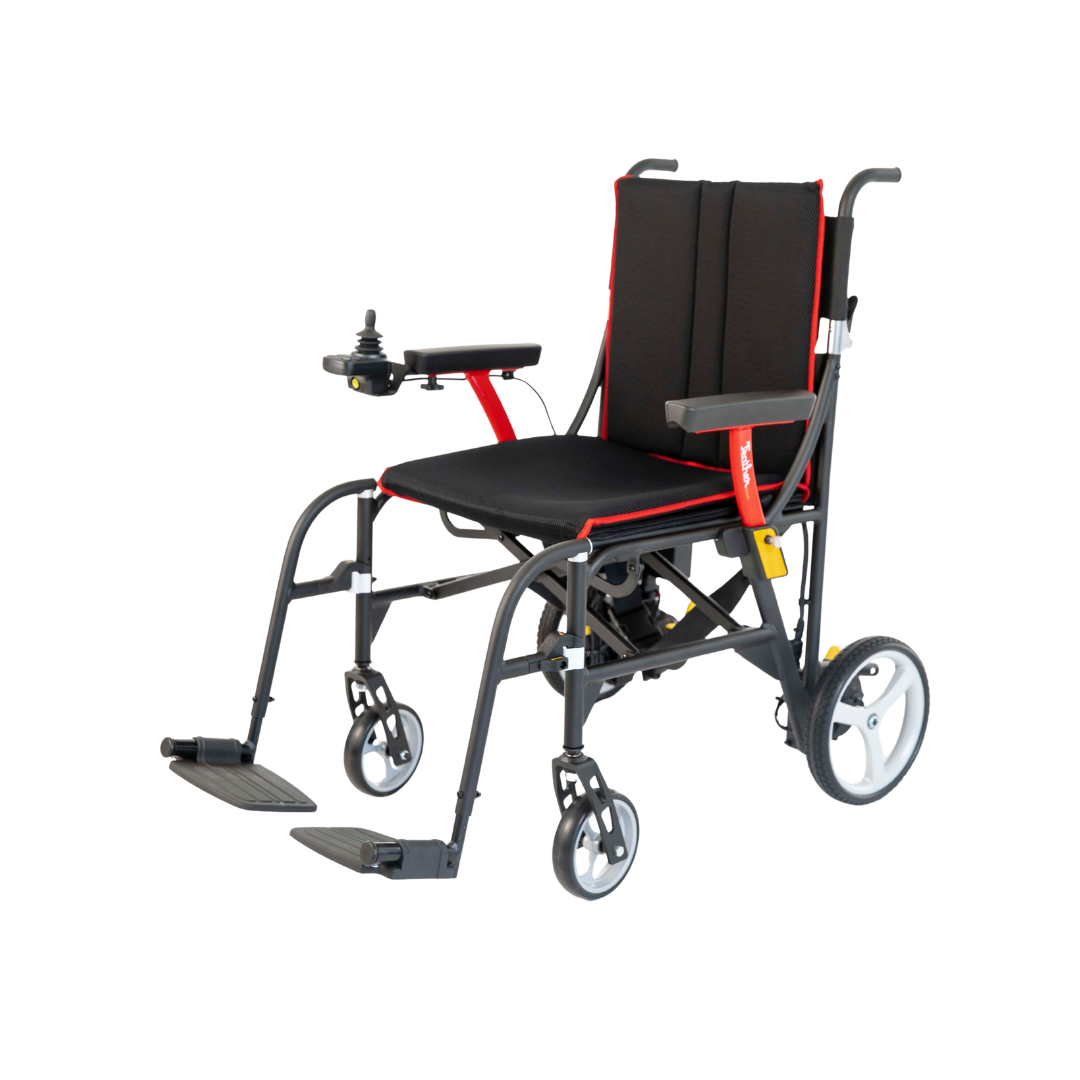 The Feather Powerchair is an ultralight black and red electric wheelchair (only 33 lbs) with joystick armrest control, padded seat and backrest, footrests, large rear wheels, and travel approval—shown on a white background.